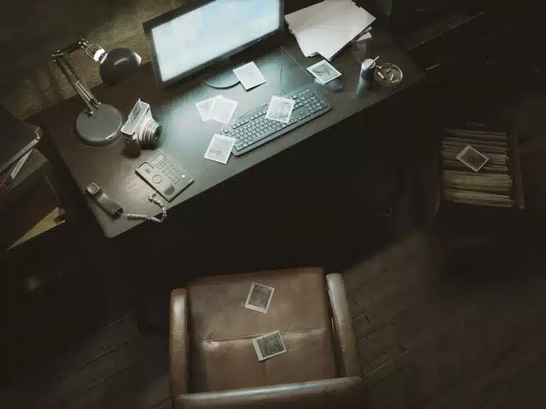 A dimly lit private investigator's office with a rolltop desk, a phone, and a filing cabinet full of paper records.